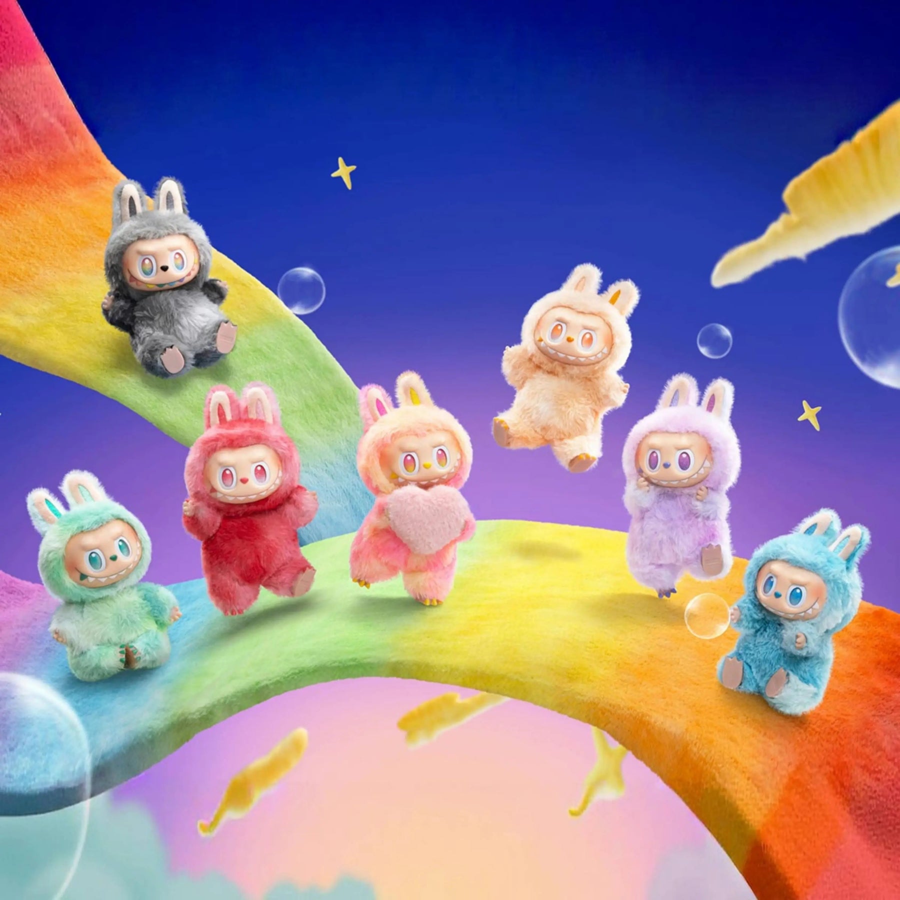 Todos os Labubus Big Into Energy Popmart em cores vibrantes sobre um arco-íris, figuras de toy art colecionáveis