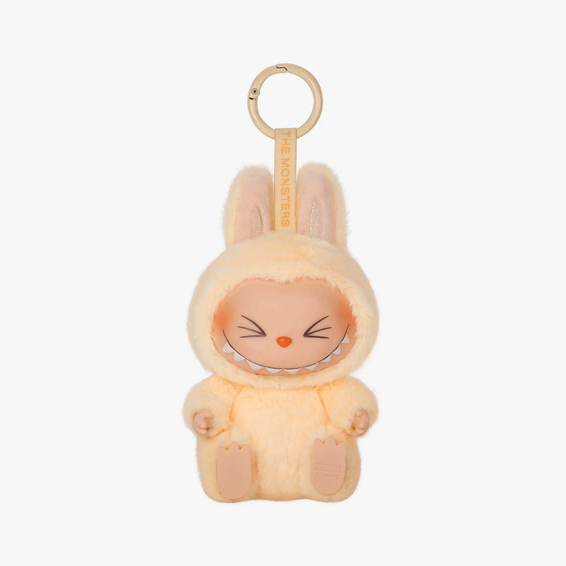 Boneco Labubu original Popmart com fantasia felpuda bege e argola chaveiro, item colecionável