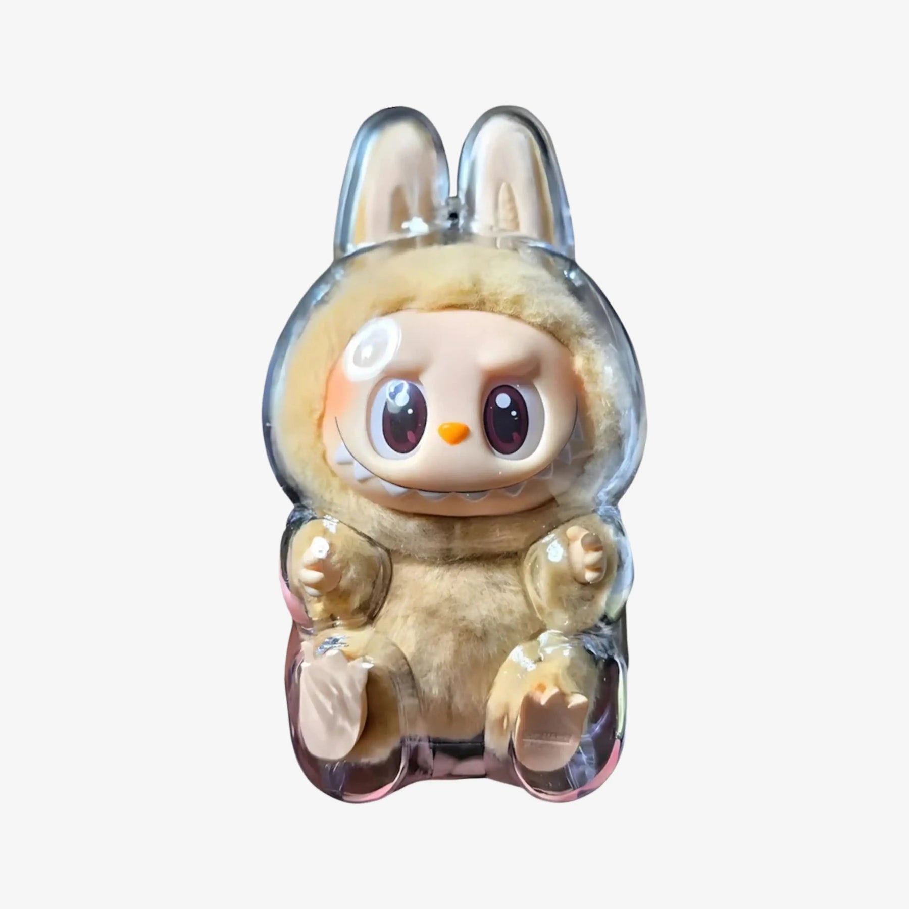 Capa protetora Popmart para Labubu original com boneco caramelo visível, ideal para manter o colecionável intacto