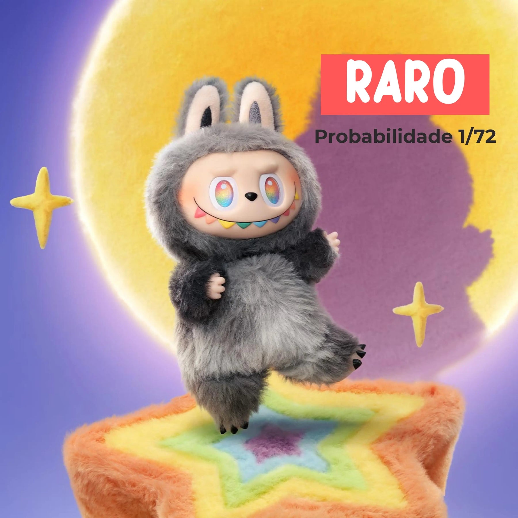 Labubu raro 1/72 da coleção Big Into Energy Popmart com olhos arco-íris e fantasia cinza felpuda