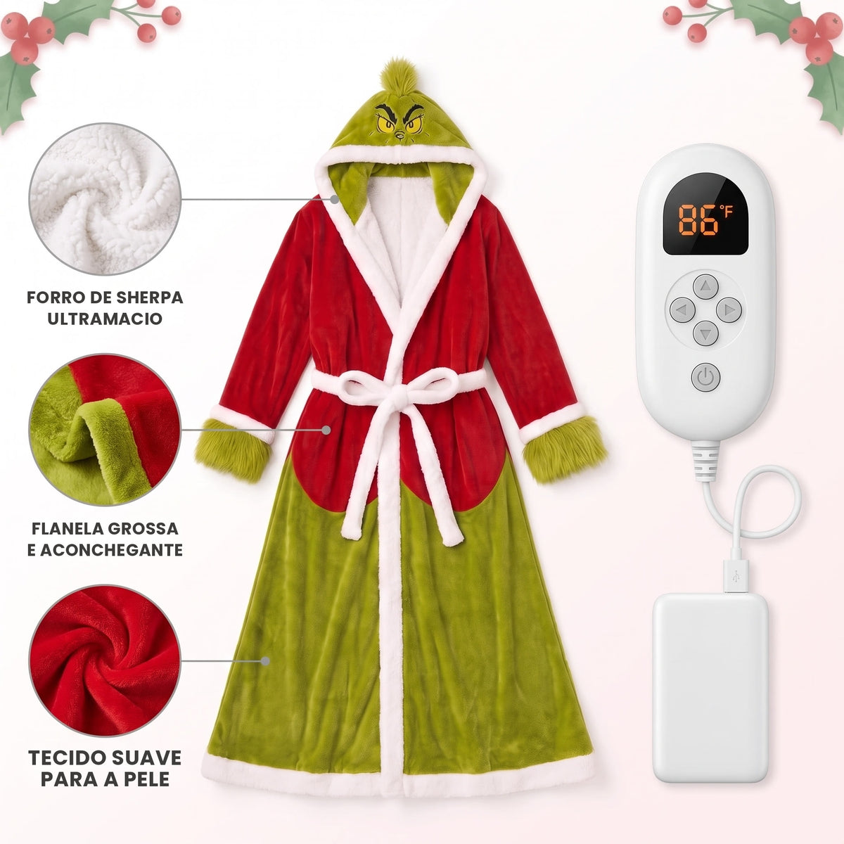 Manta Vestível com Capuz e Forro Sherpa Tema Natalino Verde — Robe Oversized de Frio Adulto ZBaby™