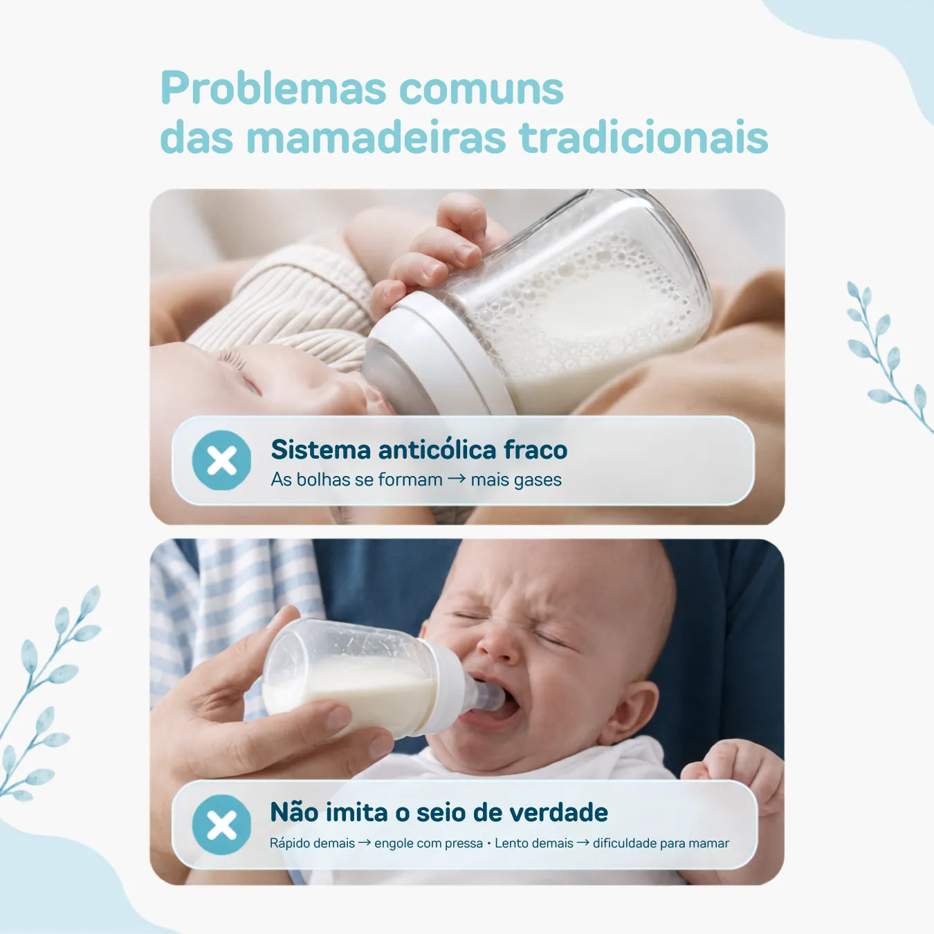 Mamadeira Anticólica para Bebê Sem BPA com Bico Tipo Seio - Vidro e PPSU