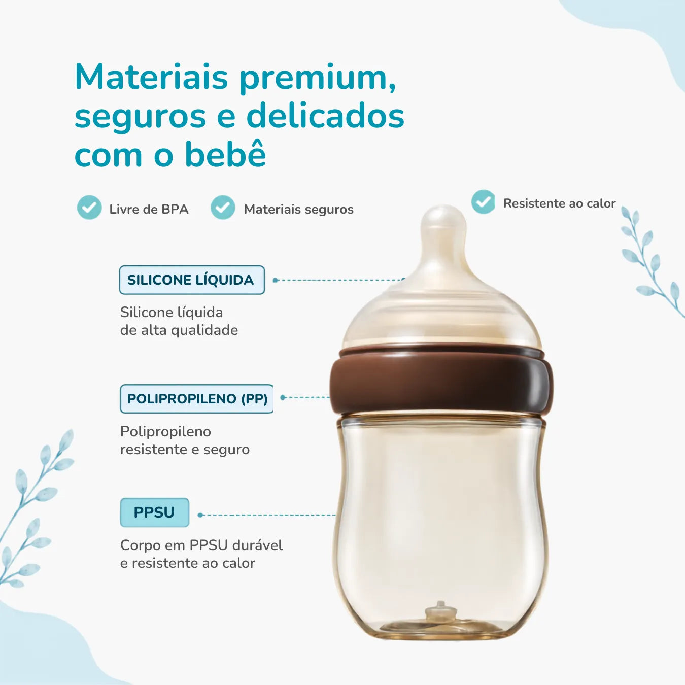 Mamadeira Anticólica para Bebê Sem BPA com Bico Tipo Seio - Vidro e PPSU