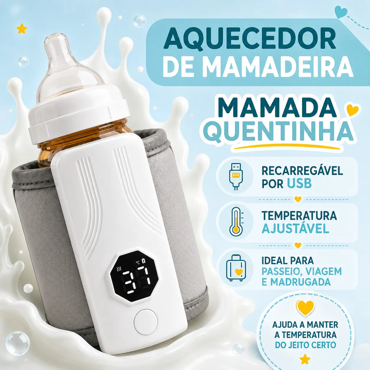 Aquecedor de Mamadeira Portátil Recarregável USB | Leite na Temperatura Certa