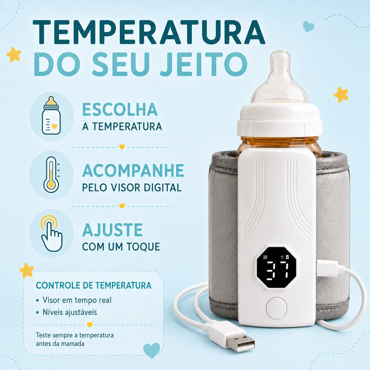 Aquecedor de Mamadeira Portátil Recarregável USB | Leite na Temperatura Certa
