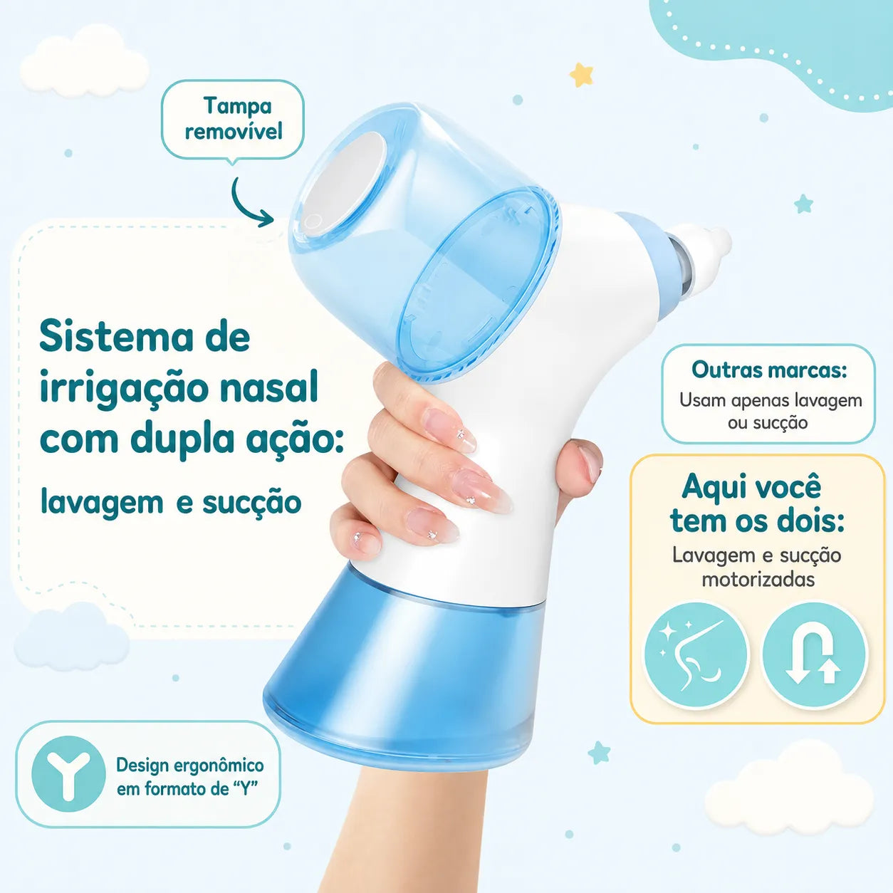 Irrigador Nasal Elétrico Velcura™ com Enxágue e Coleta de Resíduos