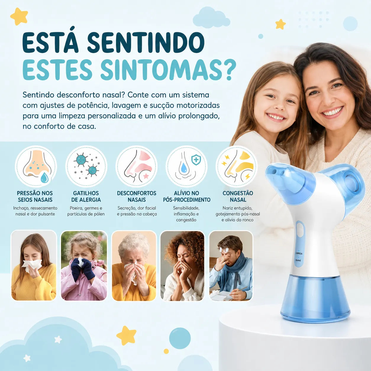 Irrigador Nasal Elétrico Velcura™ com Enxágue e Coleta de Resíduos