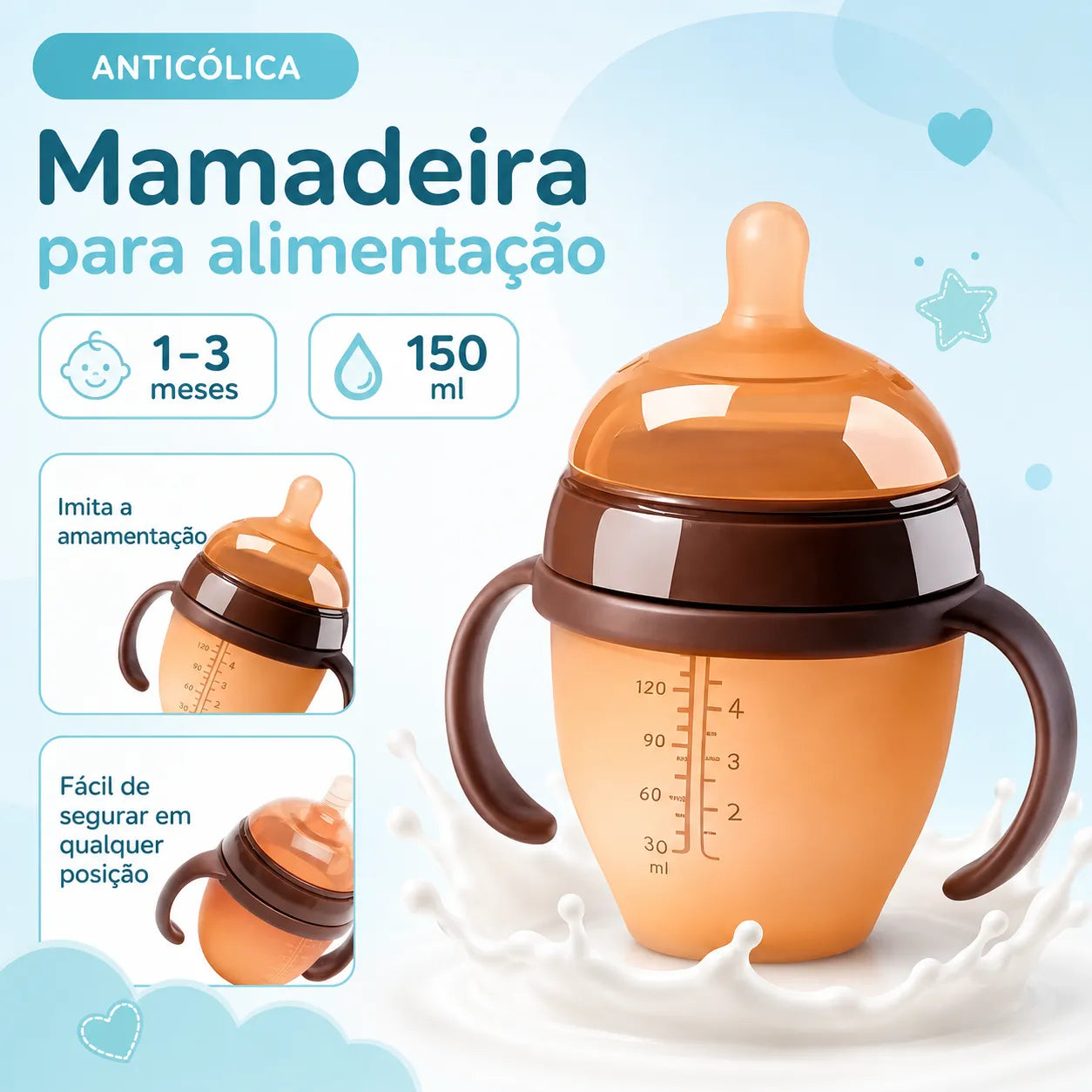 Mamadeira de Silicone com Alça para Bebê Sem BPA - Bico Tipo Seio 150ml e 250ml