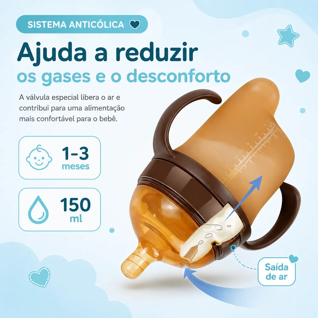 Mamadeira de Silicone com Alça para Bebê Sem BPA - Bico Tipo Seio 150ml e 250ml