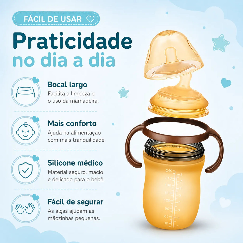 Mamadeira de Silicone com Alça para Bebê Sem BPA - Bico Tipo Seio 150ml e 250ml