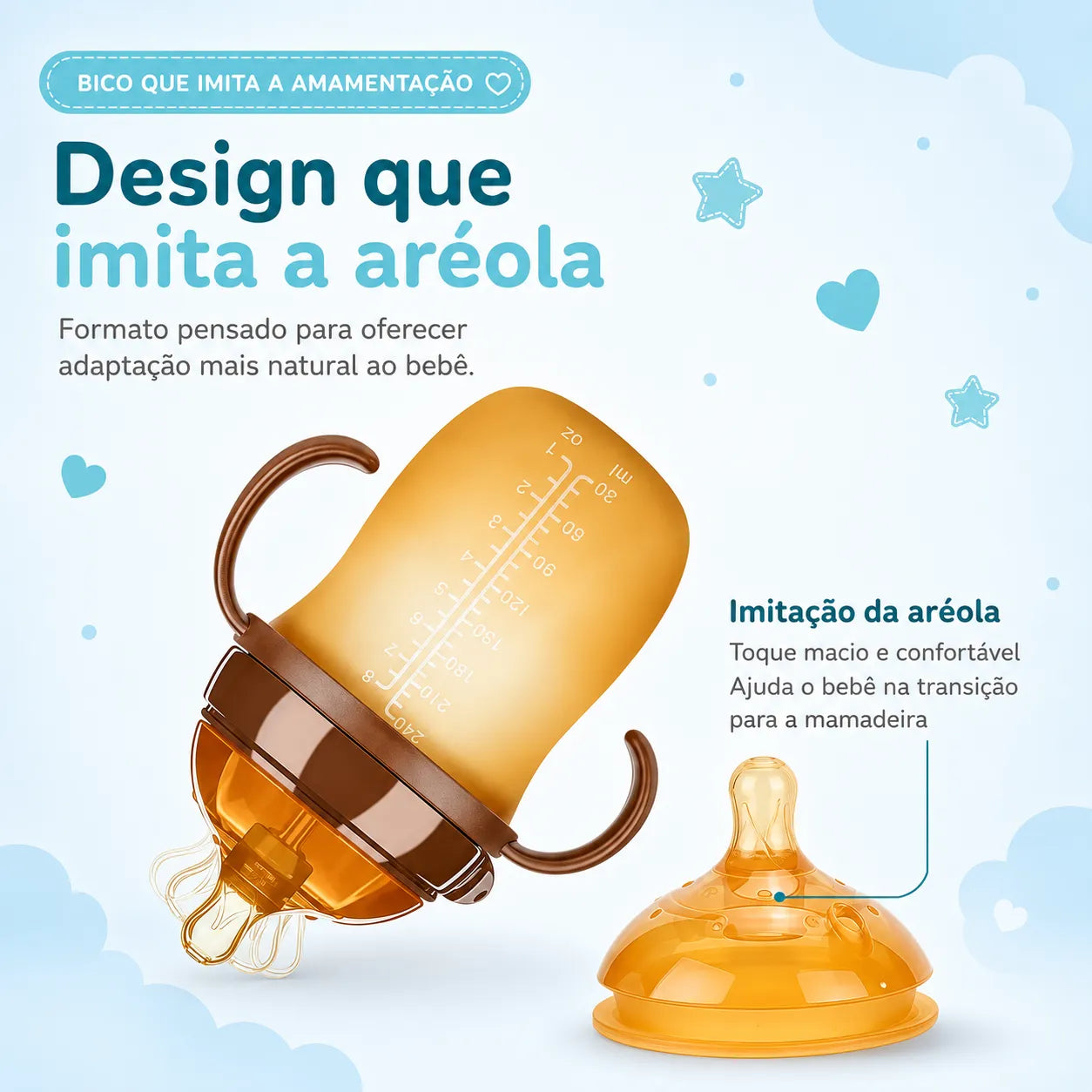Mamadeira de Silicone com Alça para Bebê Sem BPA - Bico Tipo Seio 150ml e 250ml