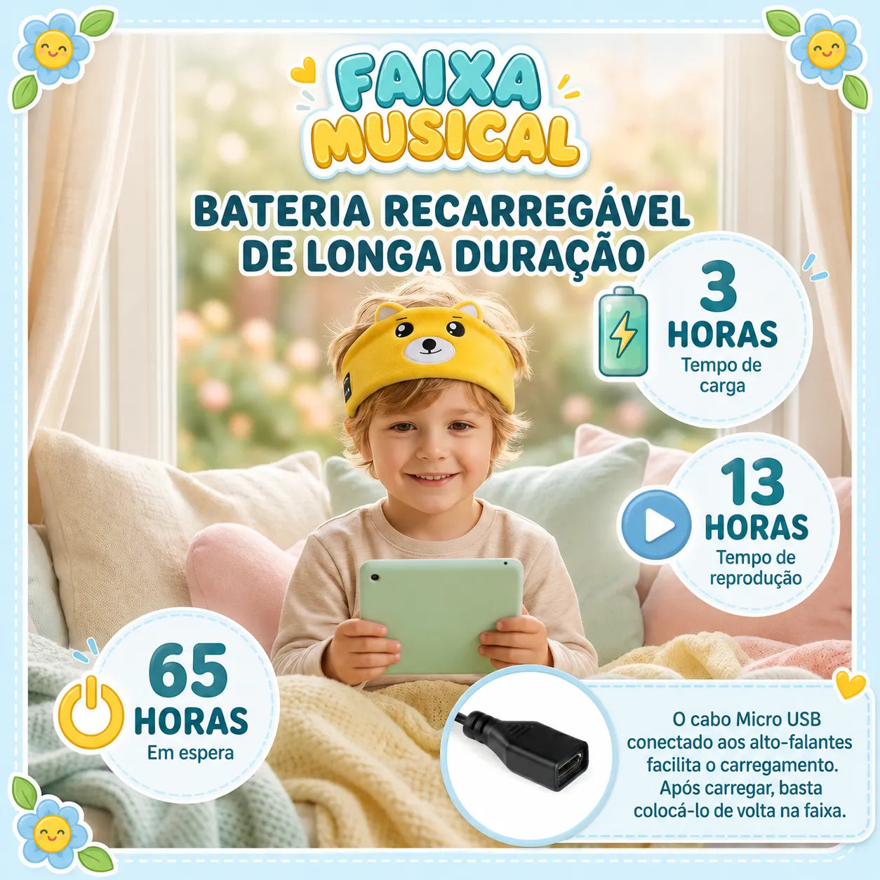 Faixa Fone de Ouvido Infantil Bluetooth para Dormir e Viajar - Bichinhos