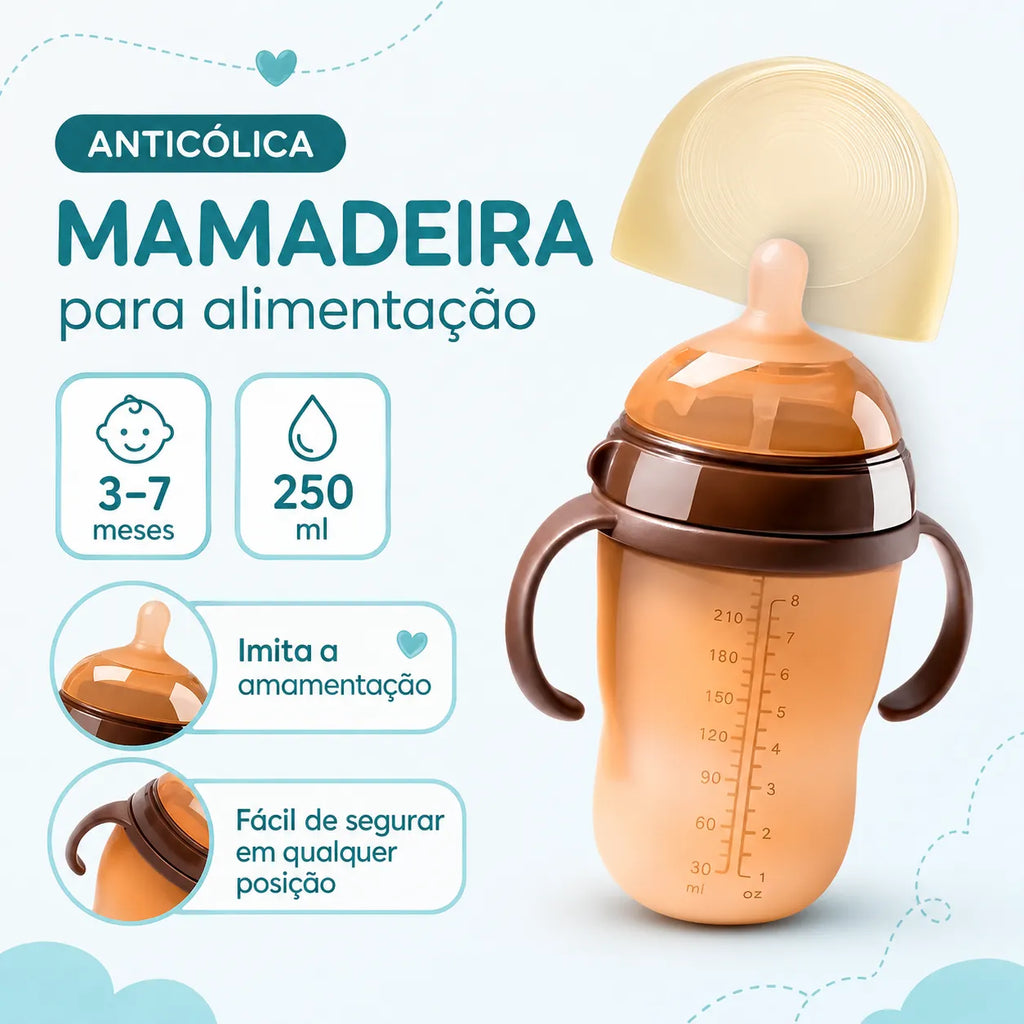 Mamadeira de Silicone com Alça para Bebê Sem BPA - Bico Tipo Seio 150ml e 250ml