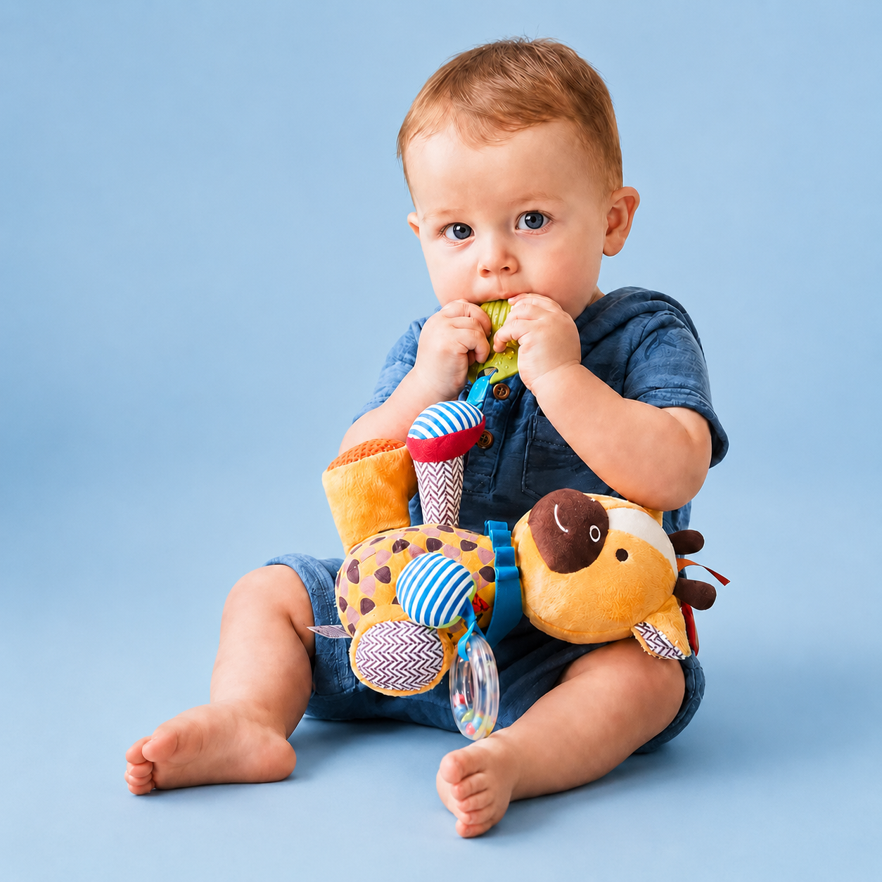 Pelúcia Sensorial 3 em 1 para Bebê - Mordedor, Chocalho e Texturas