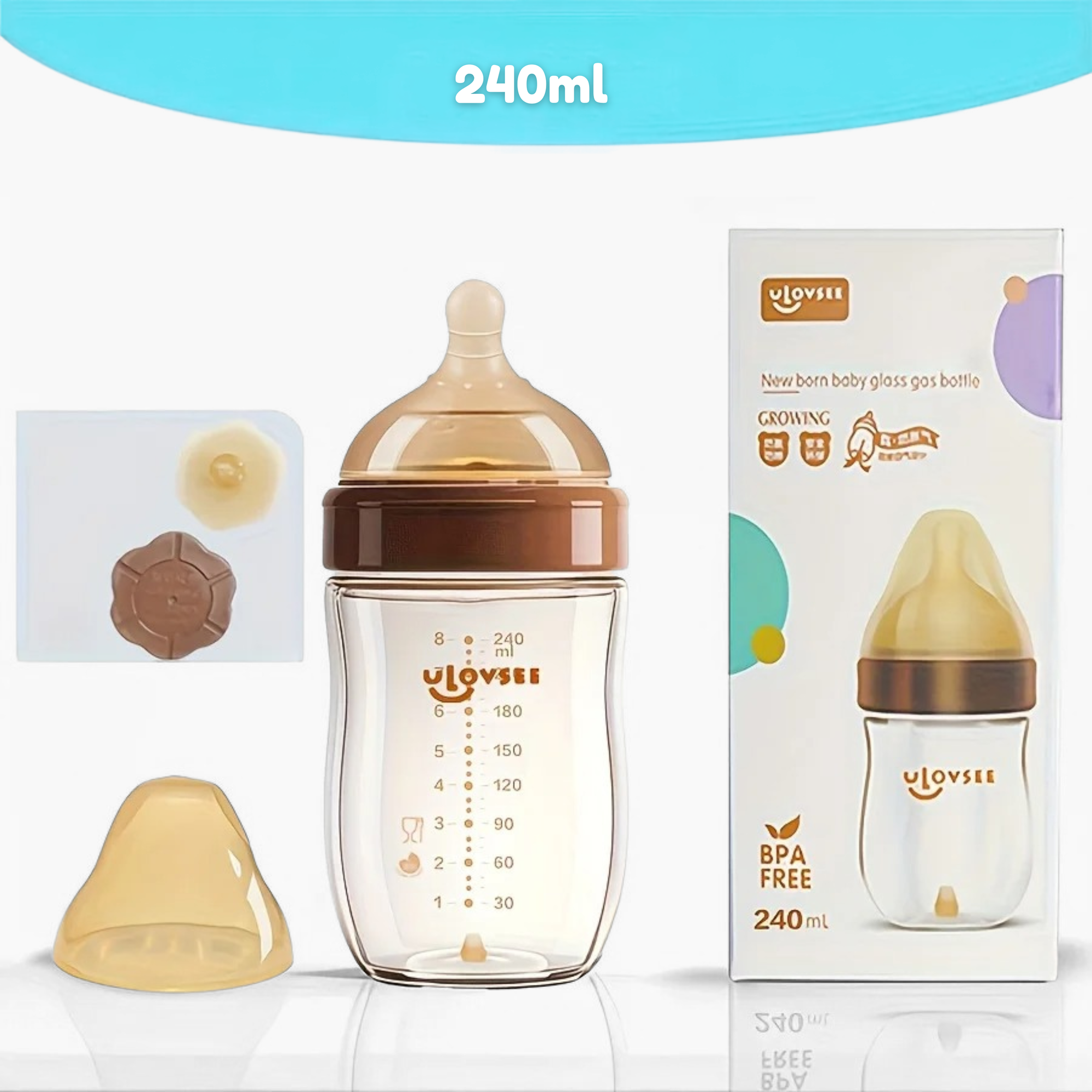 Mamadeira Anticólica para Bebê Sem BPA com Bico Tipo Seio - Vidro