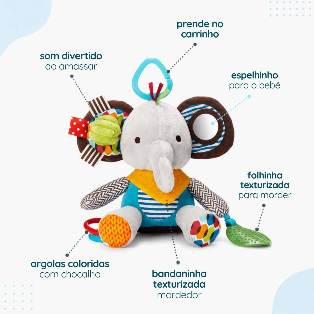 Pelúcia Sensorial 3 em 1 para Bebê - Mordedor, Chocalho e Texturas