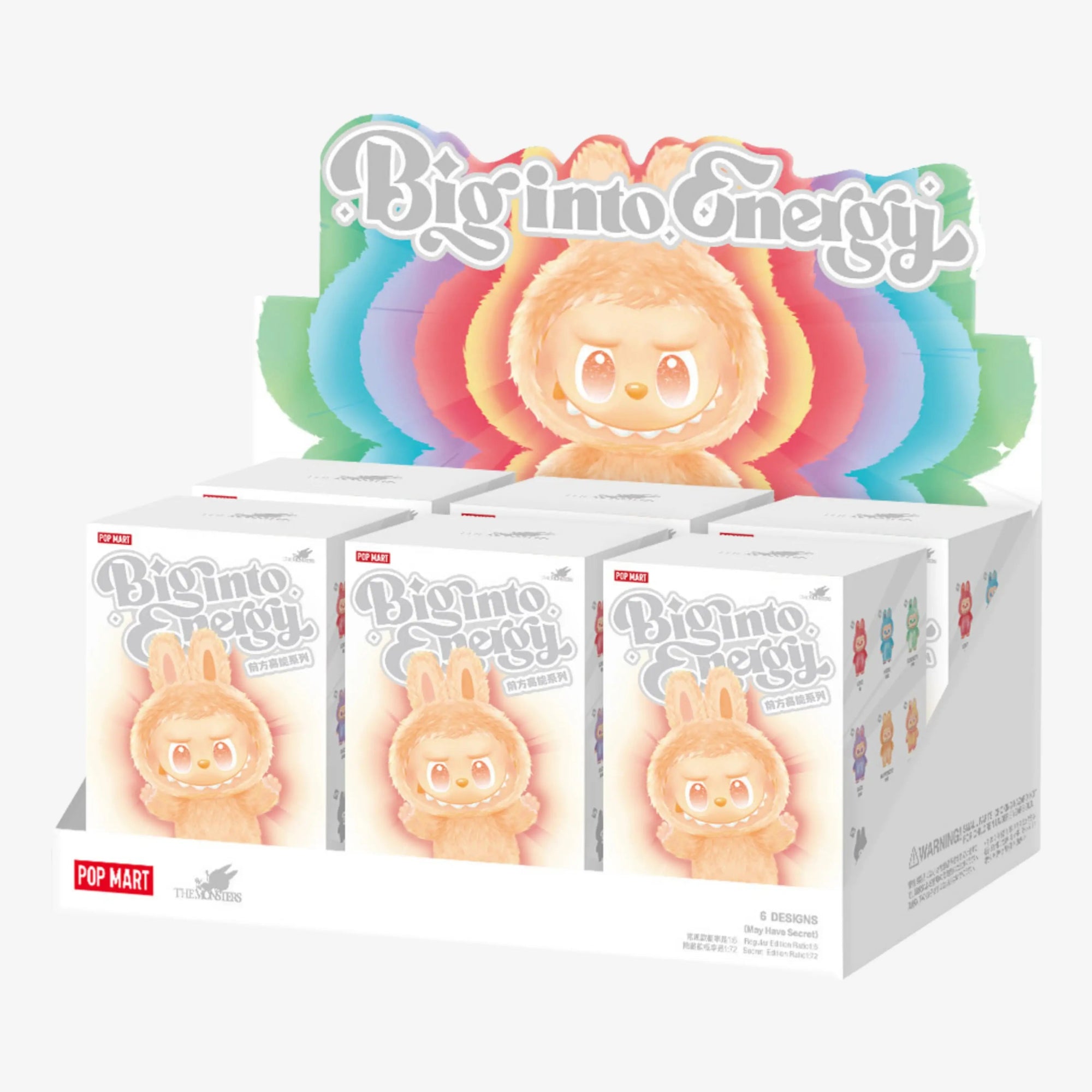 Display com 6 blind boxes Labubu Big Into Energy Popmart, embalagem original com destaque colorido para coleção