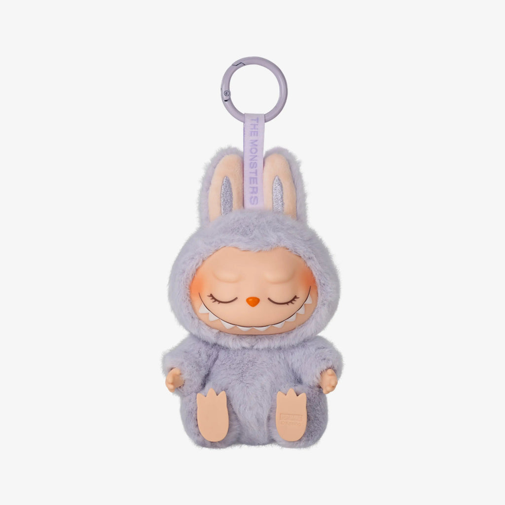 Labubu lilás Popmart com olhos fechados e fantasia de coelho, toy art relaxante da coleção Have A Seat