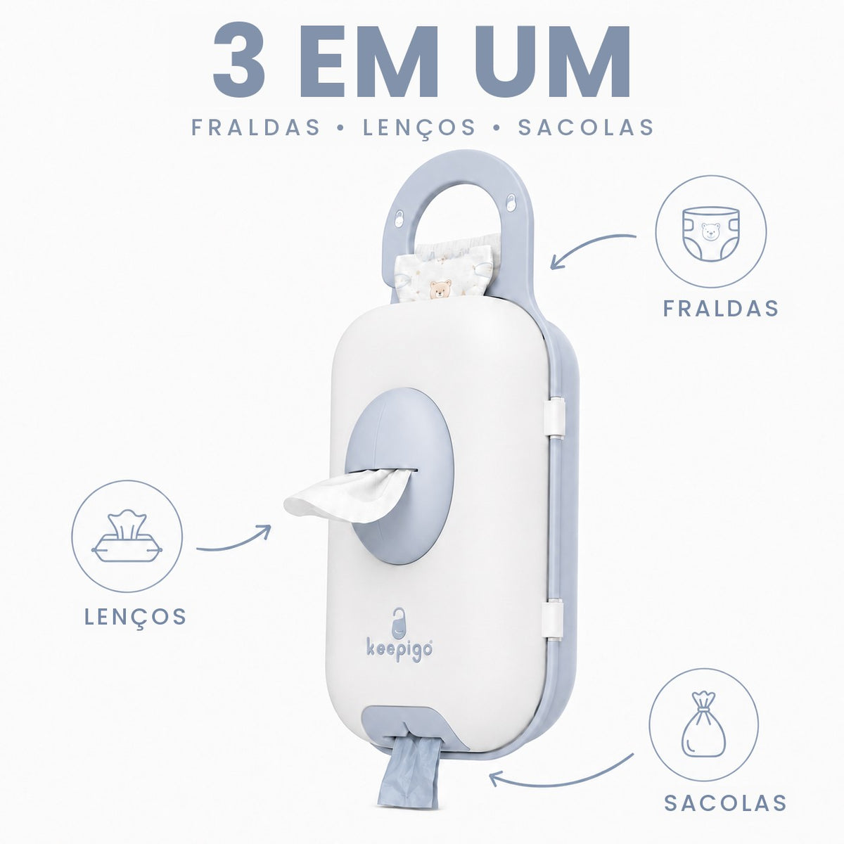 Porta-fraldas 3 em 1 azul com dispenser de lenços e sacolas