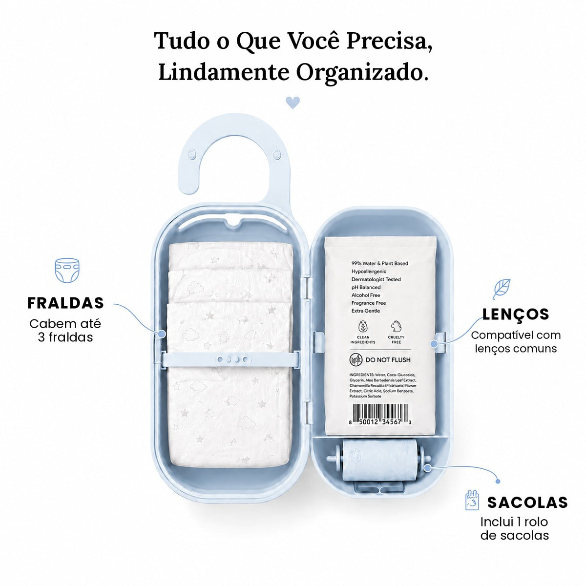 Porta-fraldas azul aberto com fraldas, lenços e rolo de sacolas