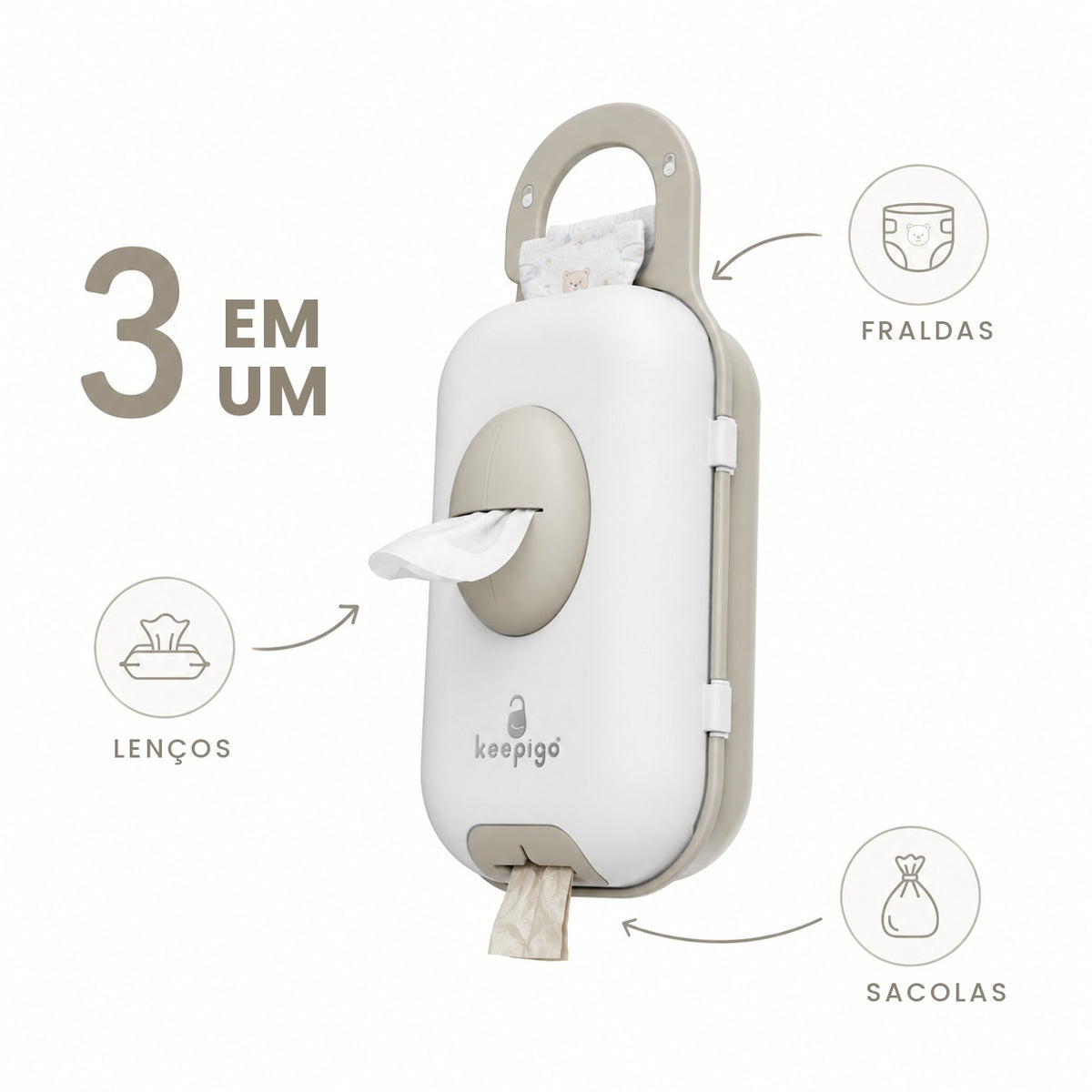 Porta-fraldas 3 em 1 bege com dispenser de lenços e sacolas
