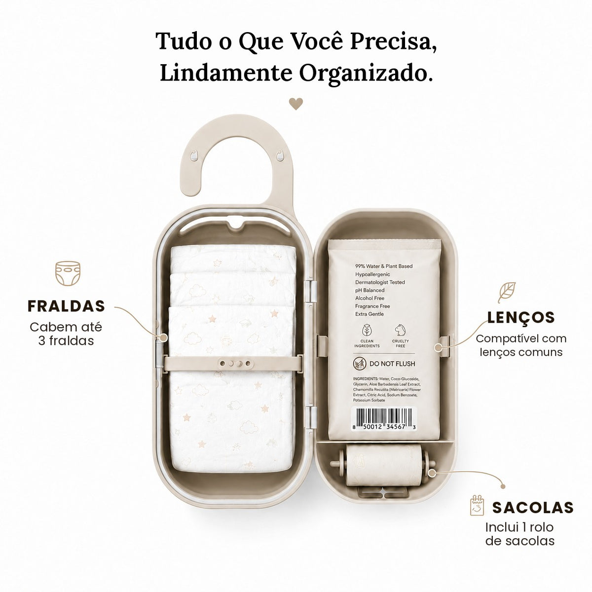 Porta-fraldas bege aberto com fraldas, lenços e rolo de sacolas