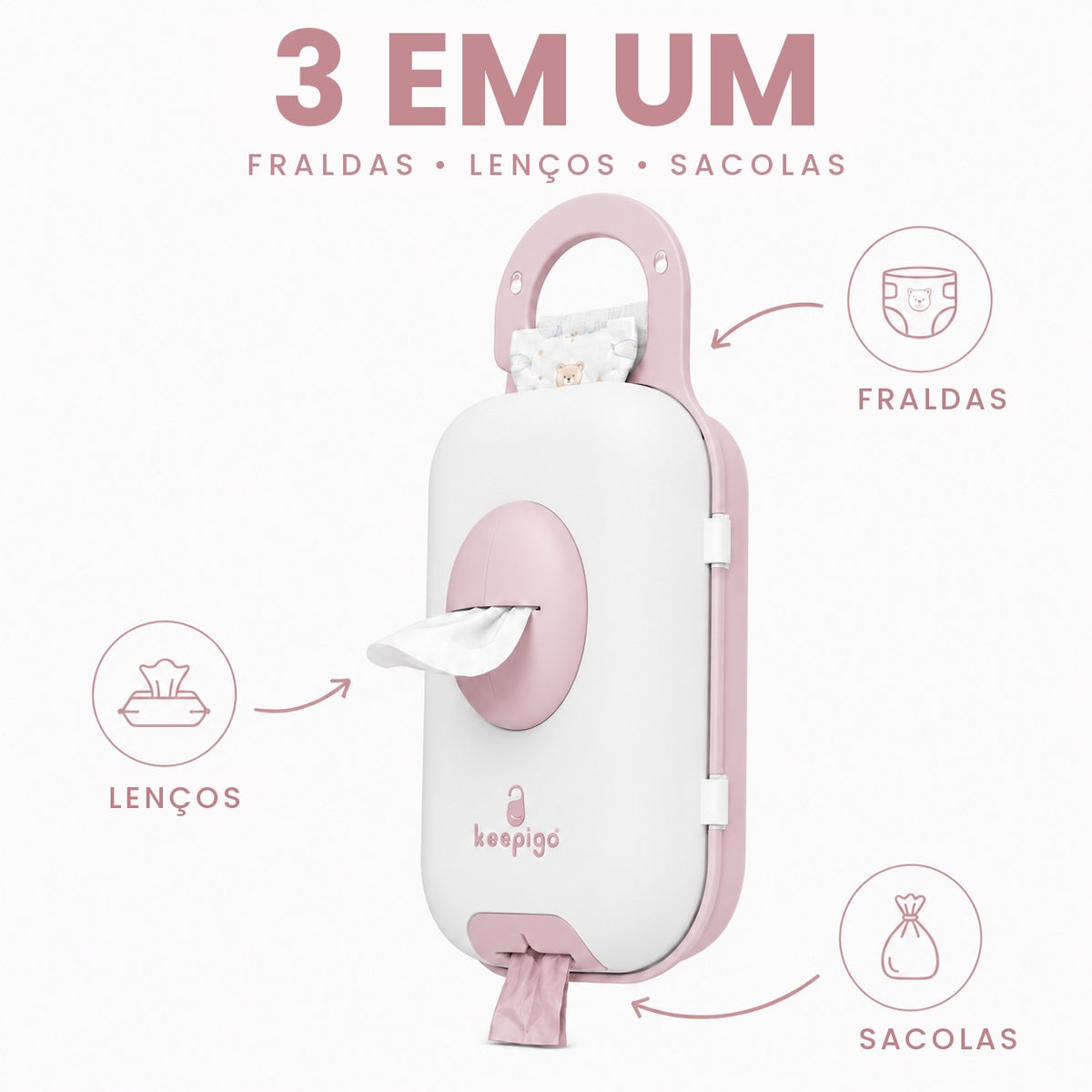 Porta-fraldas 3 em 1 rosa com dispenser de lenços e sacolas