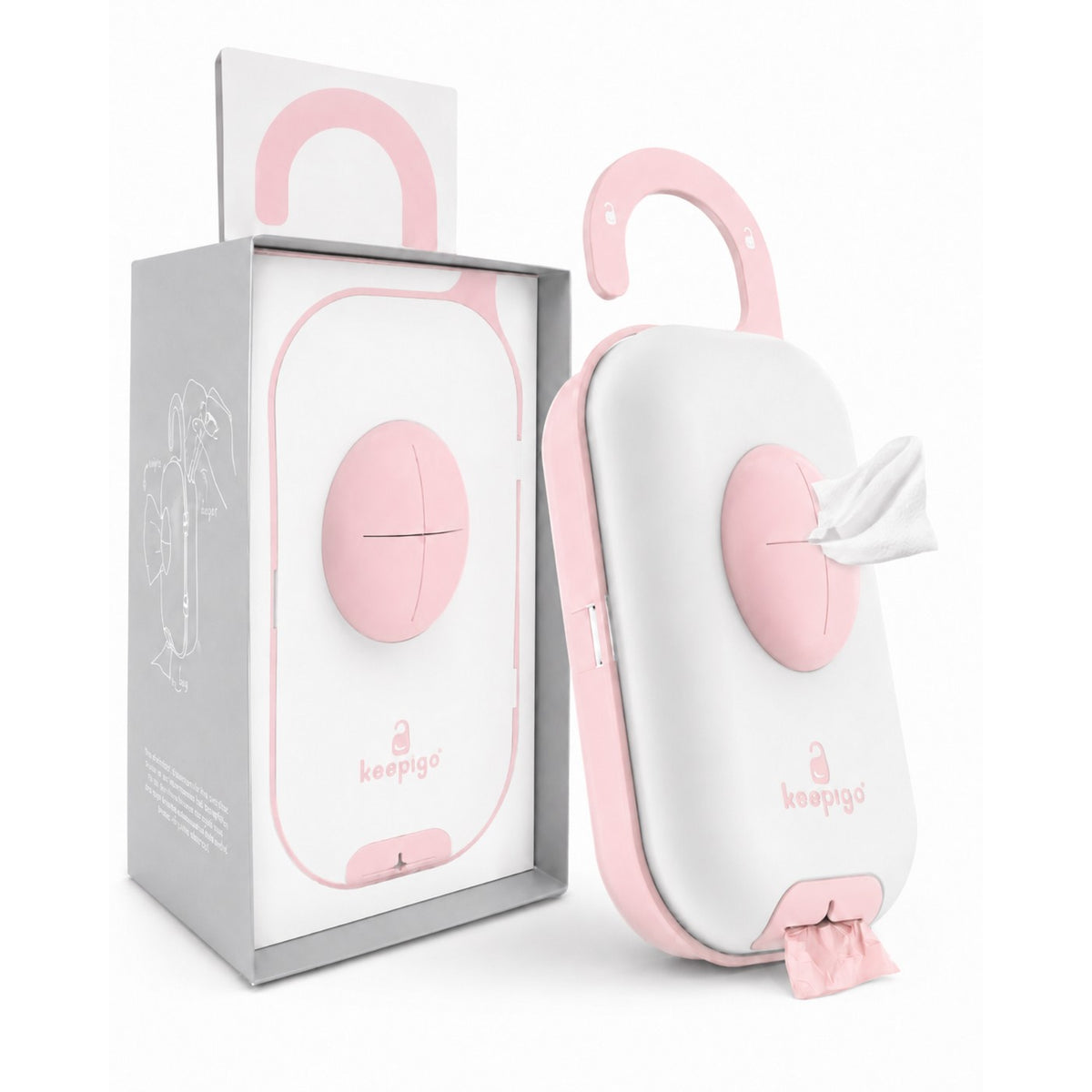 Porta-fraldas rosa com a embalagem do produto