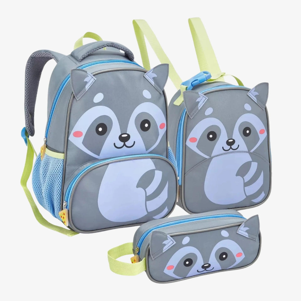 Kit Mochila Infantil Guaxinim com Lancheira e Estojo Escolar - ZBaby