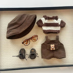 Kit de roupa marrom e acessórios para Labubu Popmart com boina, óculos, suéter, jardineira e sapatos