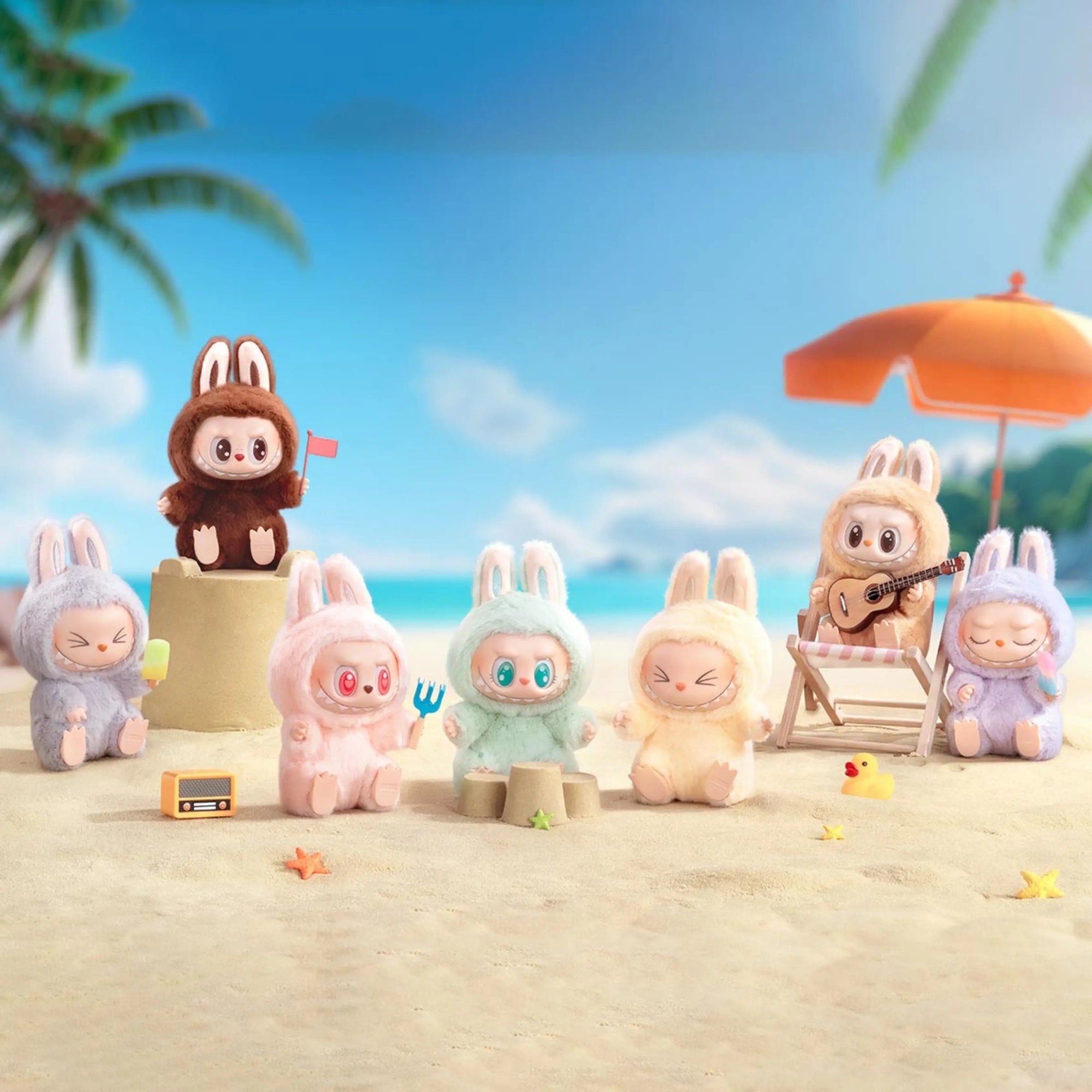 Bonecos Labubu Popmart em várias cores na praia, coleção Have A Seat para fãs de toy art colecionável