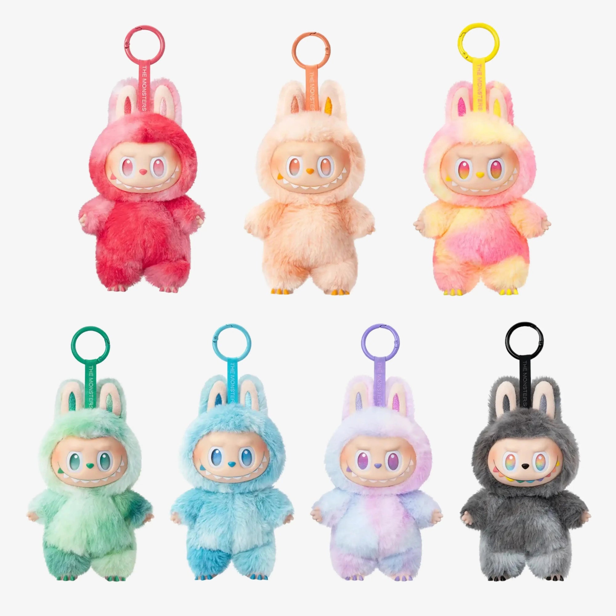 Sete bonecos Labubu Big Into Energy Popmart com pelúcias coloridas e chaveiro, coleção completa de toy art