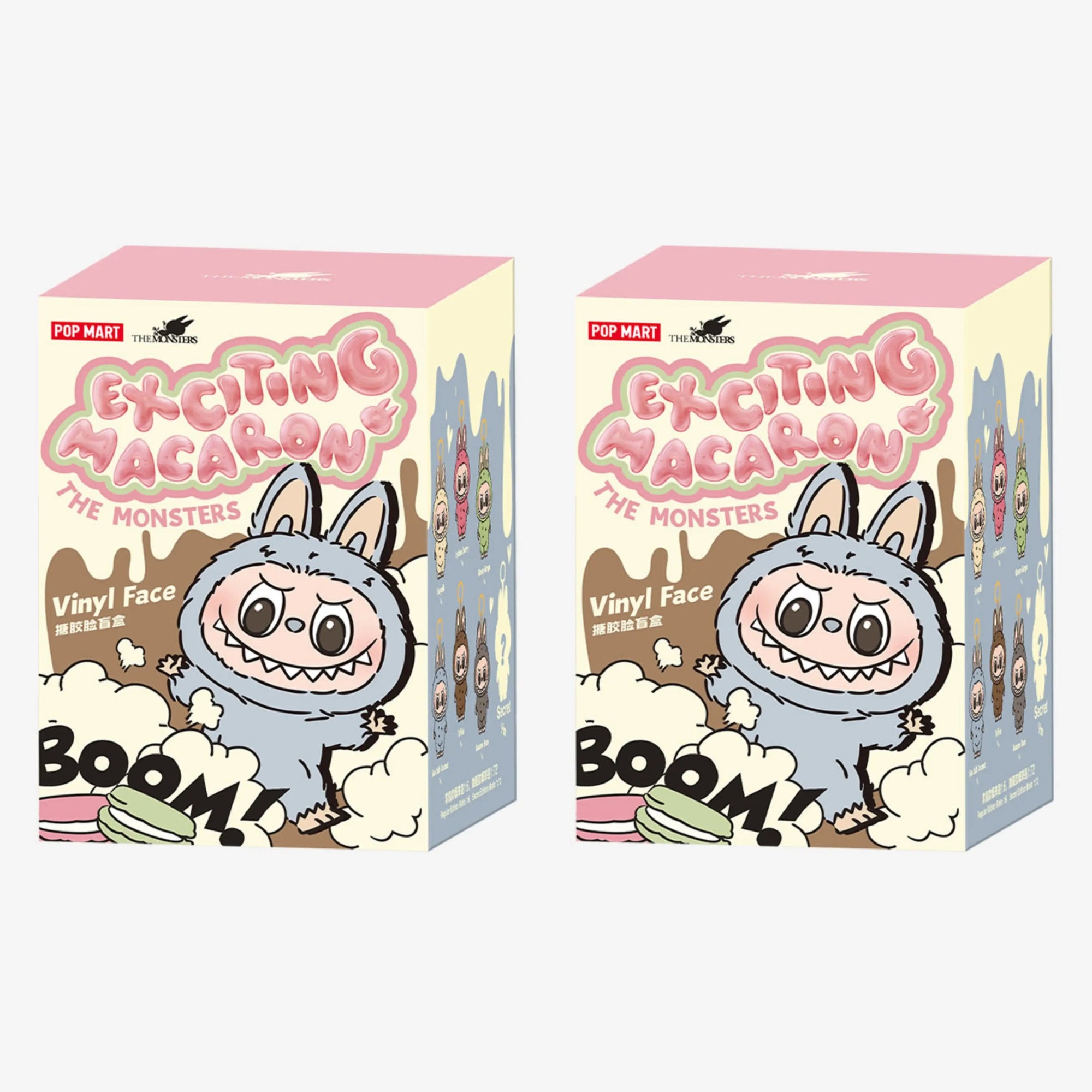 Duas blind boxes Labubu Popmart Exciting Macaron com arte fofa e personagem em fantasia azul