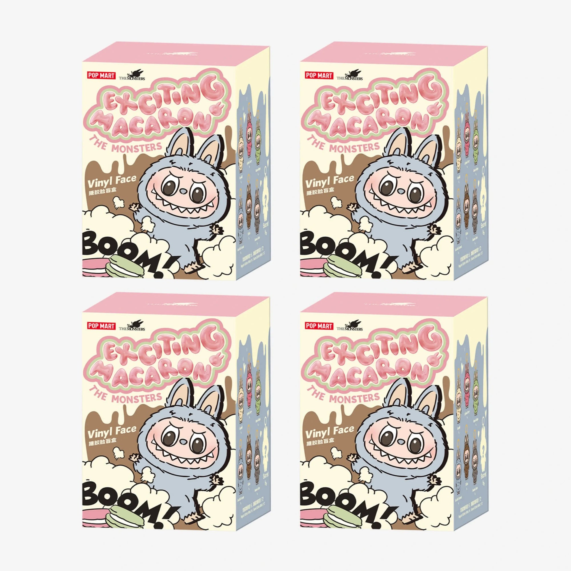 Quatro blind boxes Labubu Popmart Exciting Macaron, toy art colecionável com embalagem ilustrada
