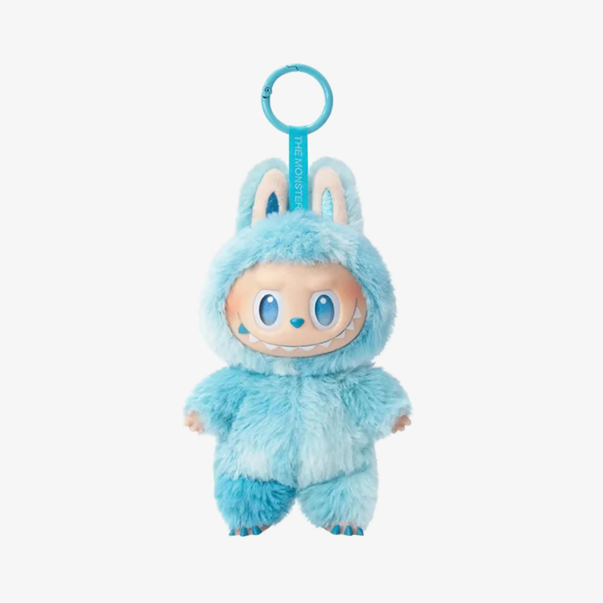 Labubu azul claro Popmart Big Into Energy com pelúcia vibrante e olhos expressivos, ideal para fãs de cultura pop