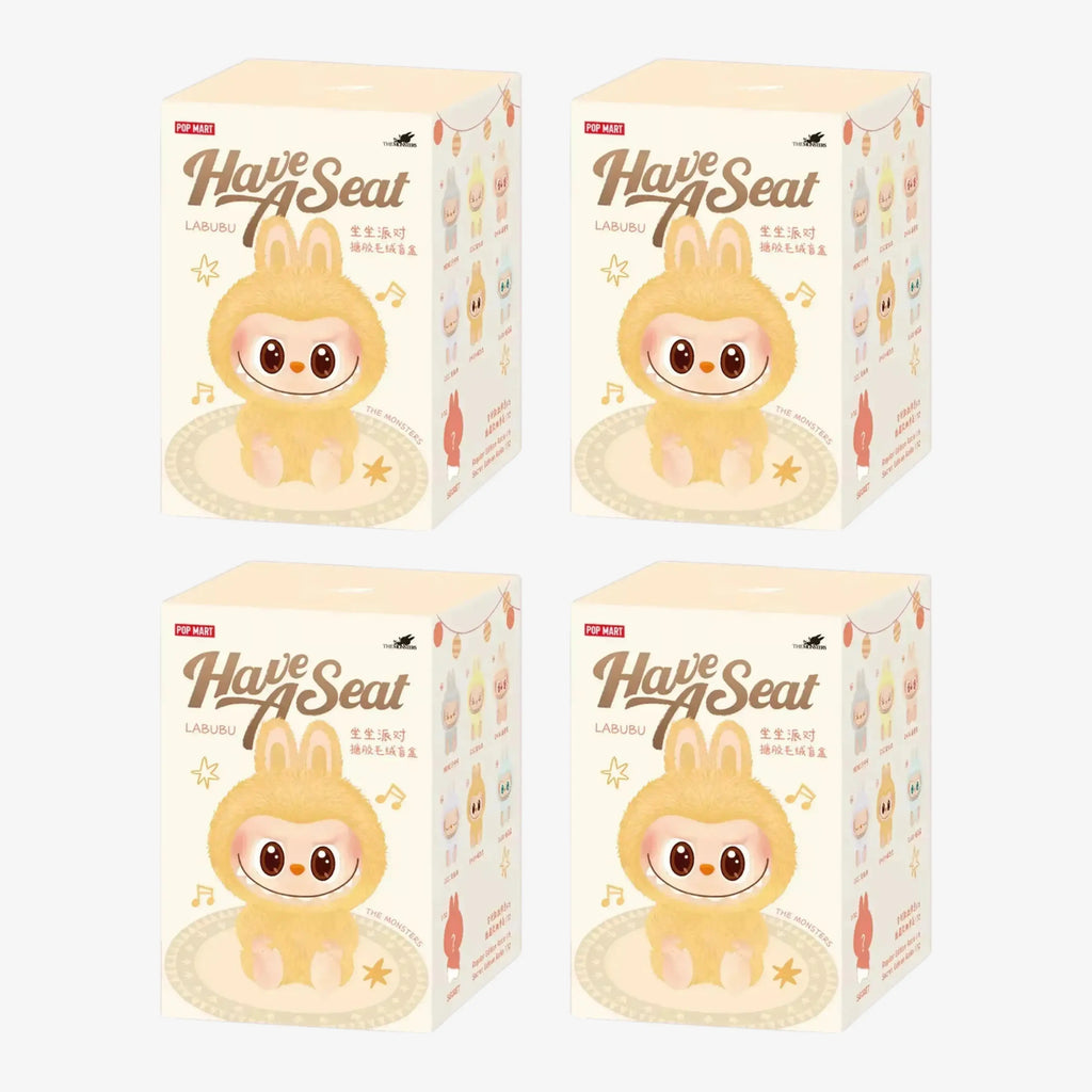 Bonecos Labubu originais Pop Mart versão Have A Seat em quatro embalagens lacradas, prontos para envio
