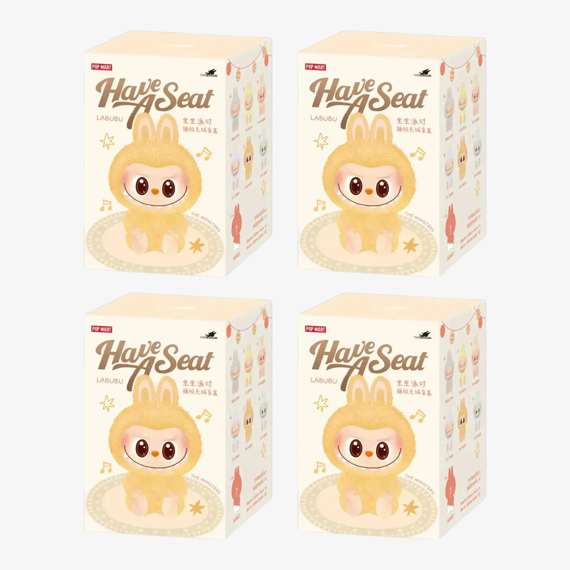 Bonecos Labubu originais Pop Mart versão Have A Seat em quatro embalagens lacradas, prontos para envio