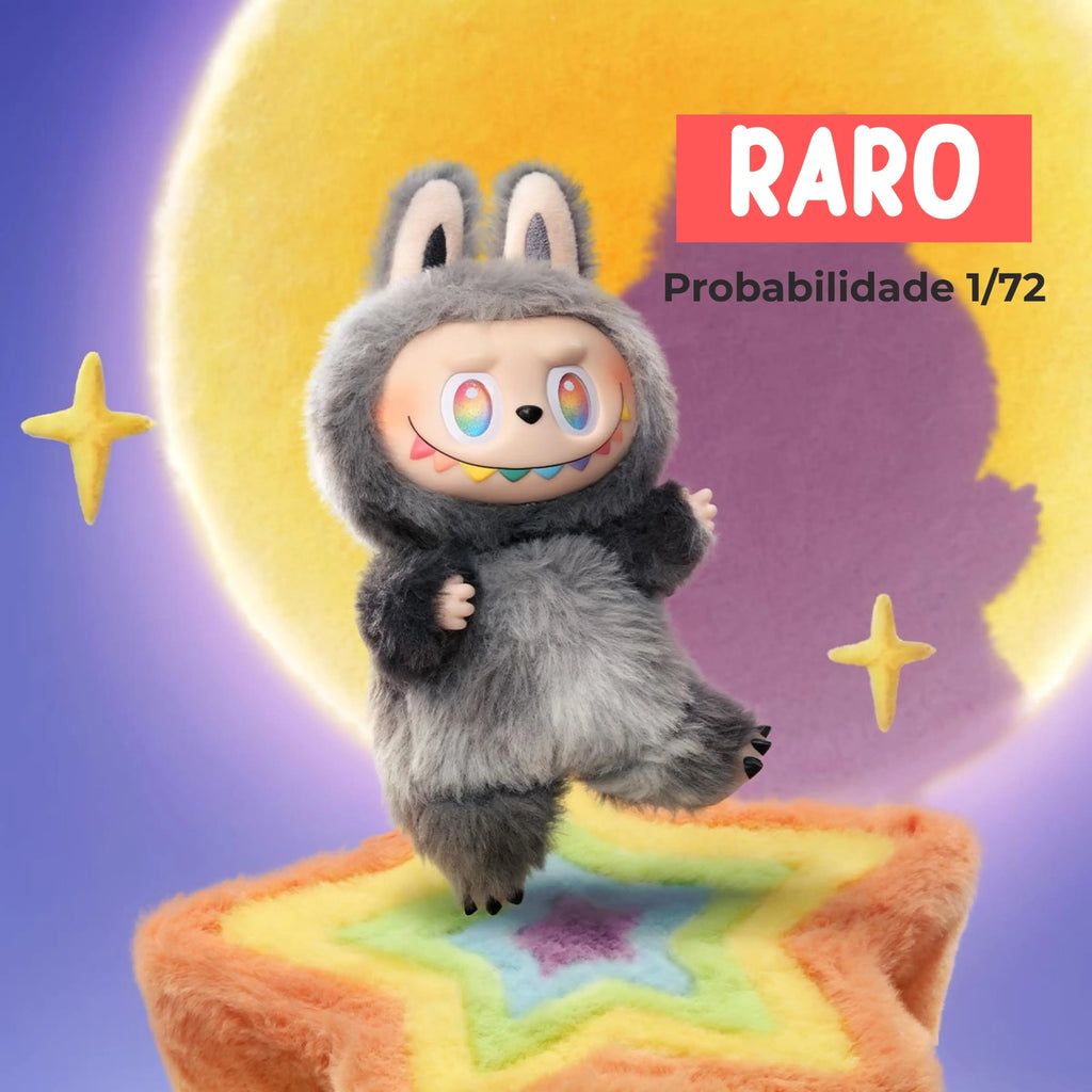 Labubu raro 1/72 da coleção Big Into Energy Popmart com olhos arco-íris e fantasia cinza felpuda