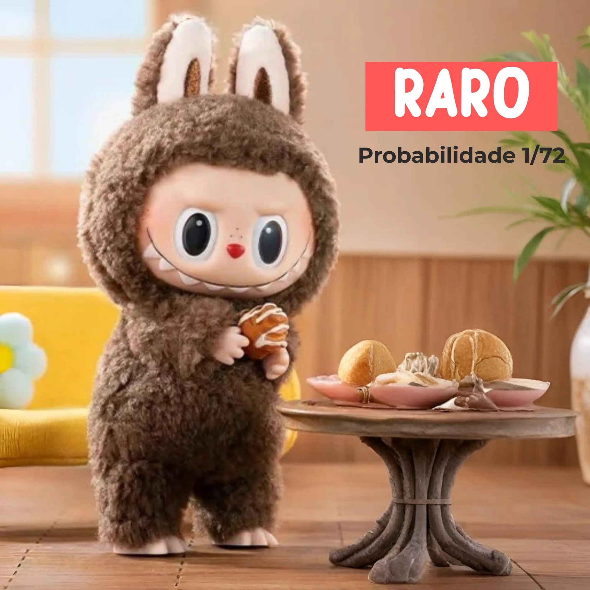 Boneco Labubu raro Exciting Macaron Popmart, edição 1/72 segurando sobremesa em cenário aconchegante