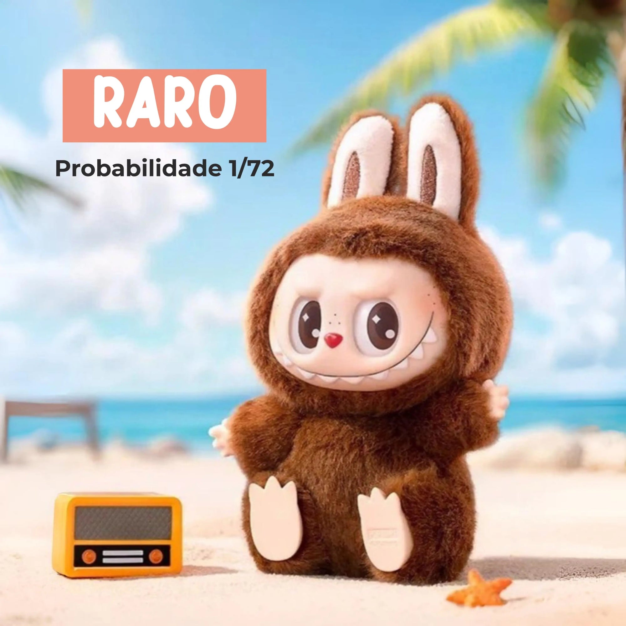 Labubu raro marrom da coleção Popmart Have A Seat, edição 1/72 com visual fofo e tropical