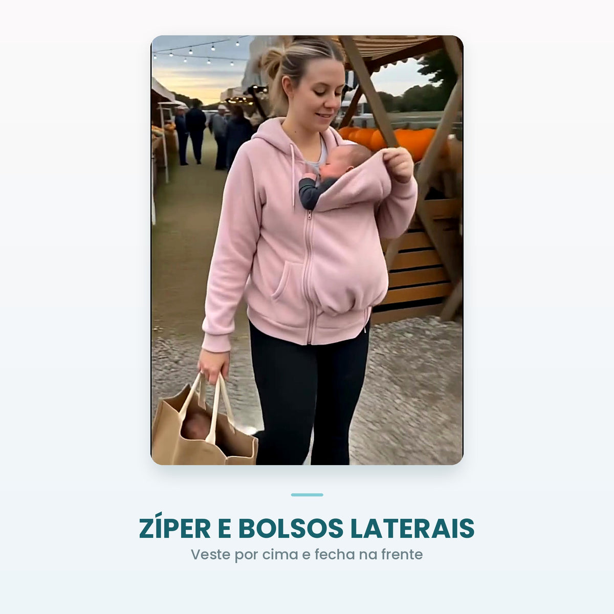 Moletom canguru rosa com zíper frontal e bolsos laterais